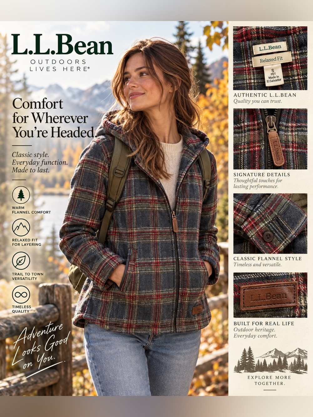 L.L. Bean Women's Plaid Teddy-Lined Hooded Jacket - Gray, Red, Green